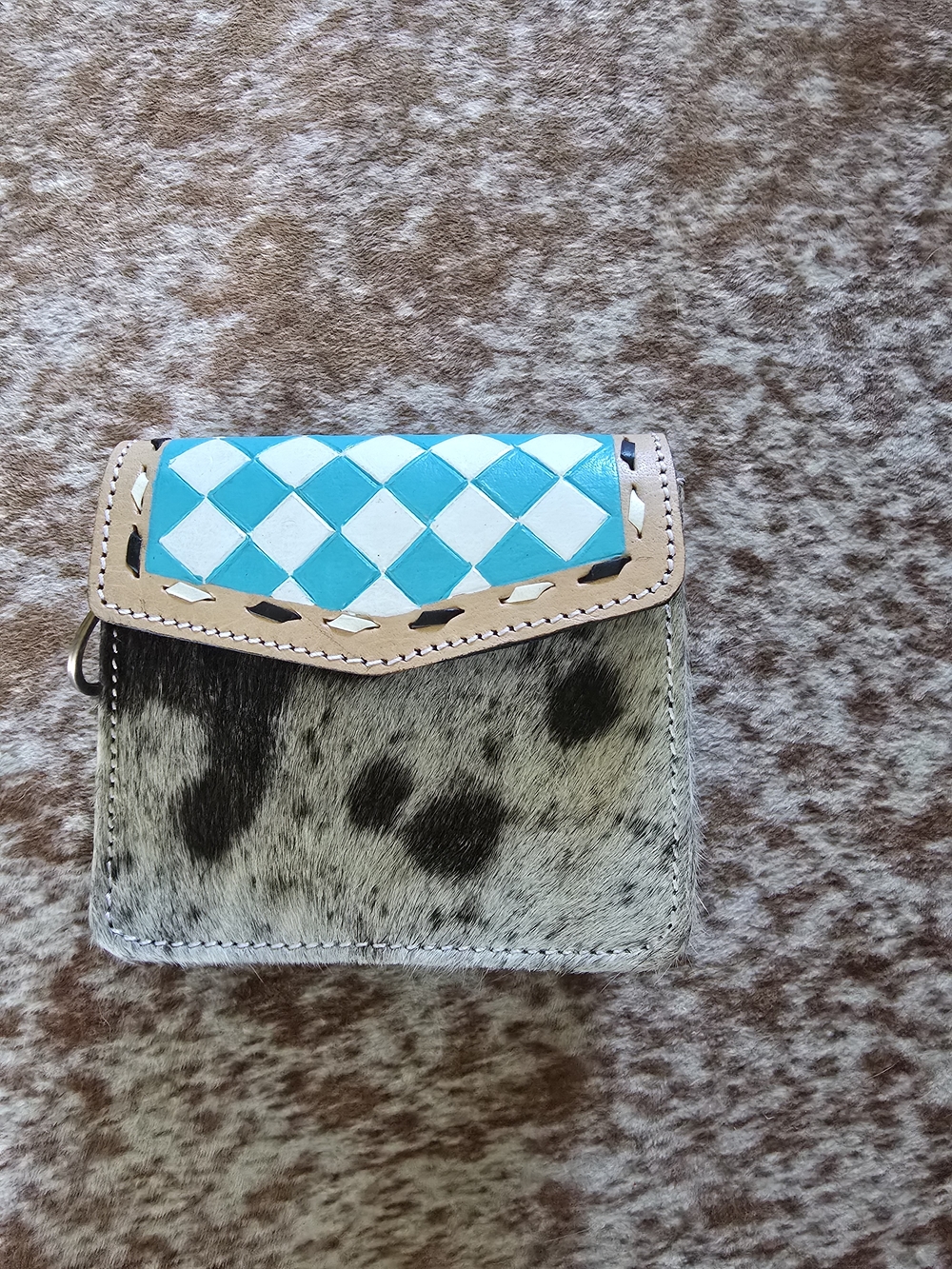 Kids Cowhide Wallet with Turquoise Check Accent